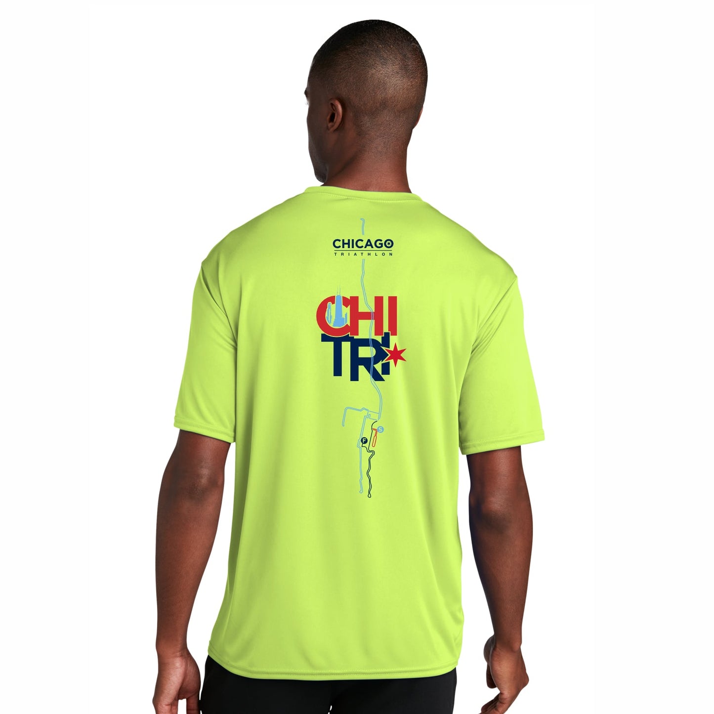 CHI TRI Men's Tech UPF50 Tee -Hi Viz- Course