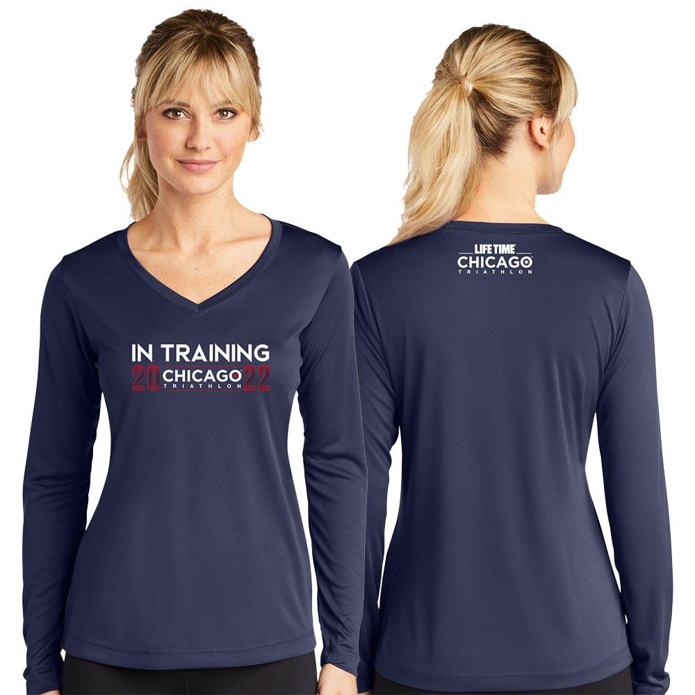 CHI TRI '2022 In Training' Design Women's LS Tech V-Neck Tee - Navy