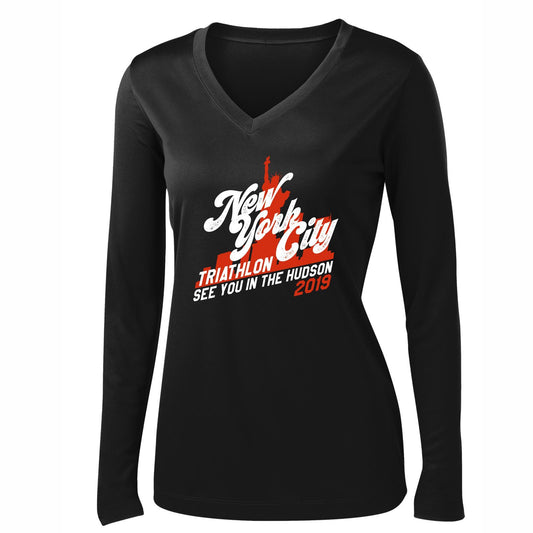 Women's LS Tech V-Neck Tee - Black 'In Training 2019 Design' - NYC Tri