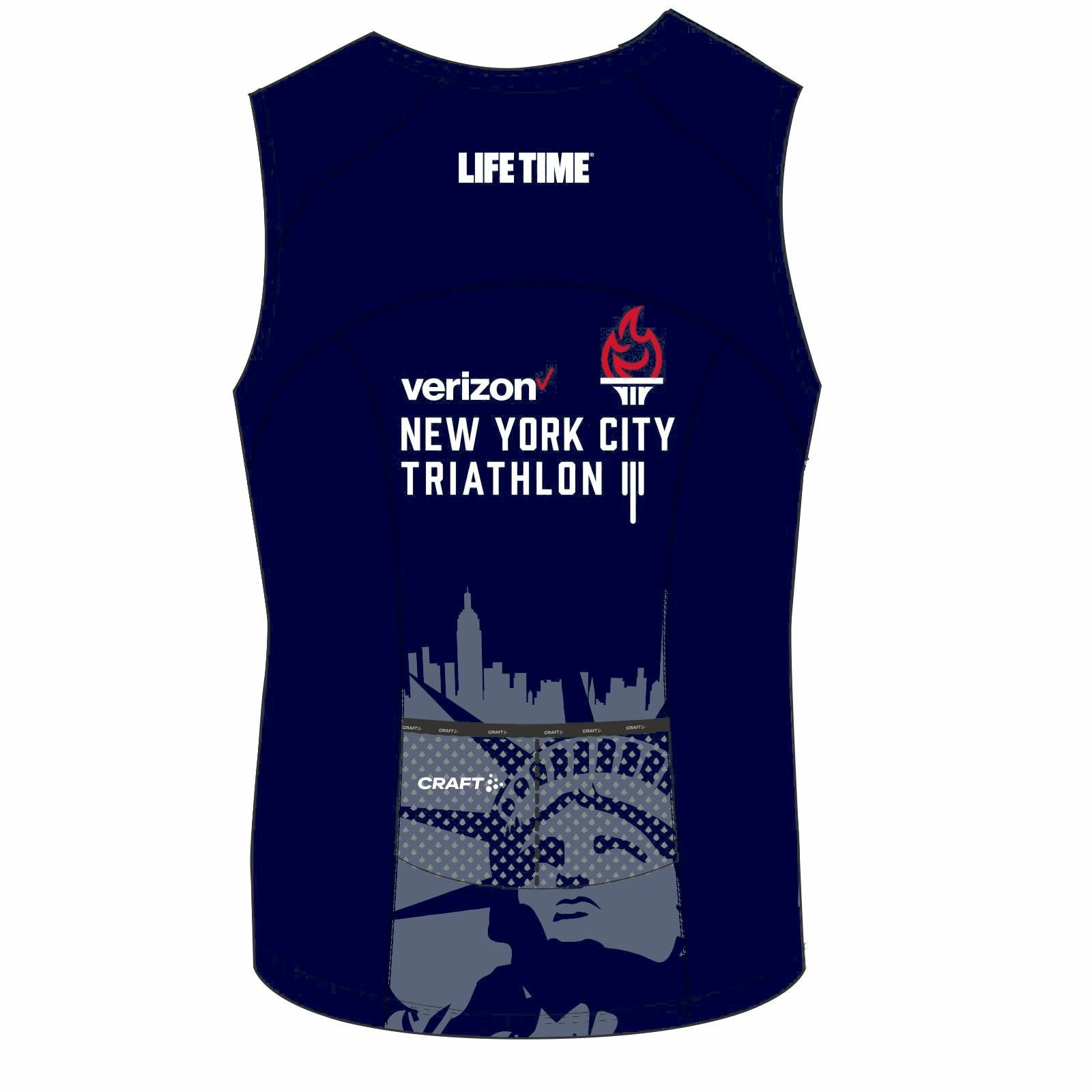 Men's Sleeveless 2-Pocket Elite Full Zip Tri-Top - Navy 'Torch Design' - NYC Tri