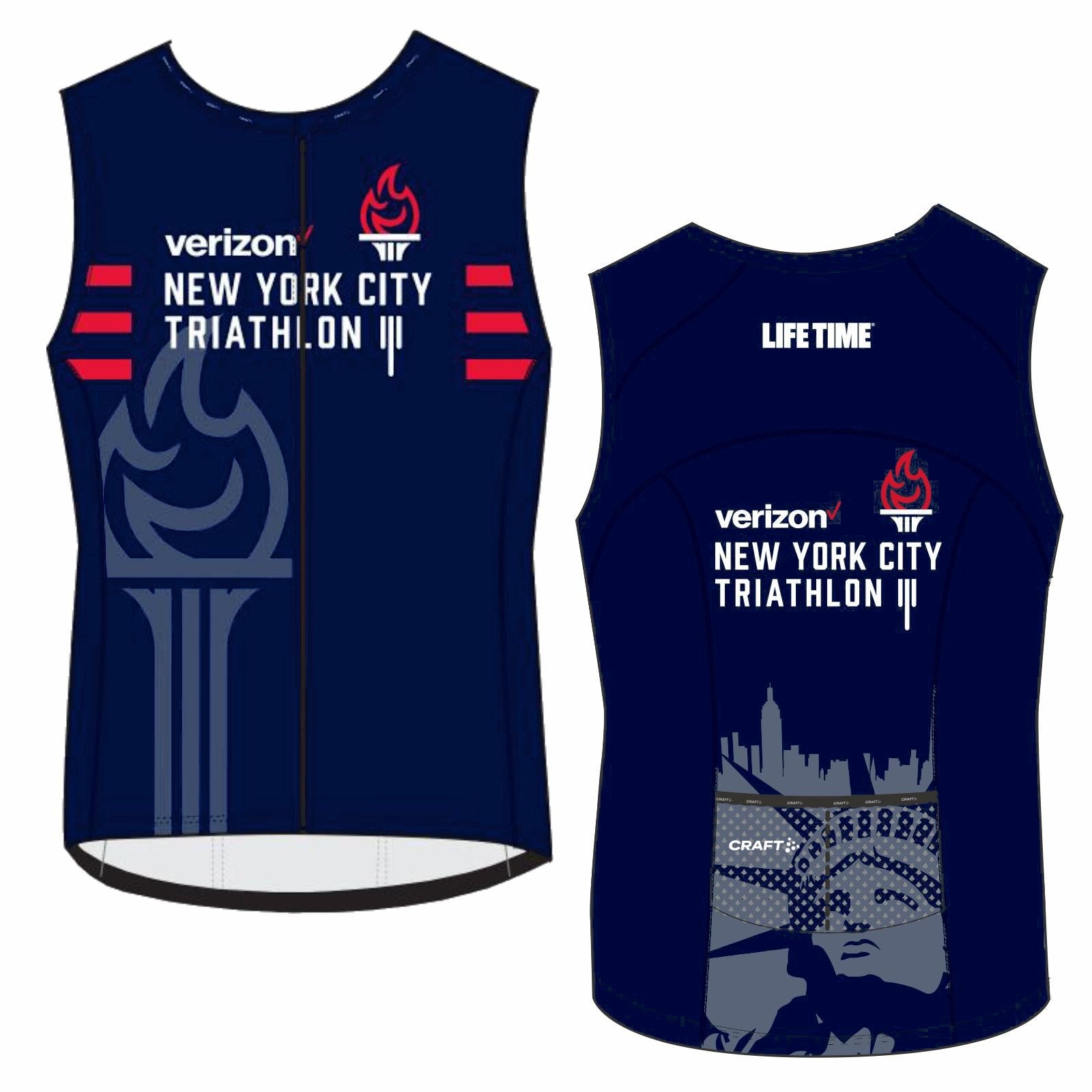 Men's Sleeveless 2-Pocket Elite Full Zip Tri-Top - Navy 'Torch Design' - NYC Tri