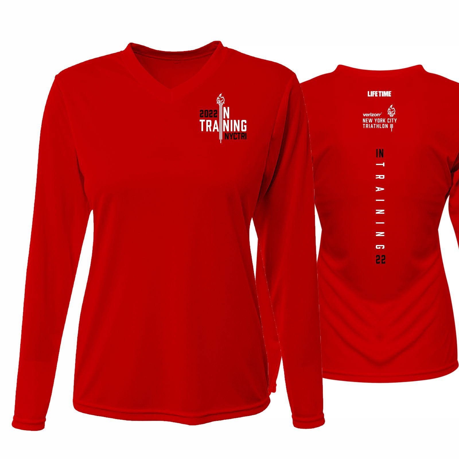 2022 NYC Triathlon Women's LS Tech V-Neck Tee - Scarlet 